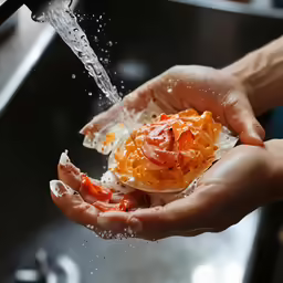 a person holding something in their hands under a running faucet