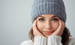 a beautiful woman wearing a gray hat and holding her hands to her face