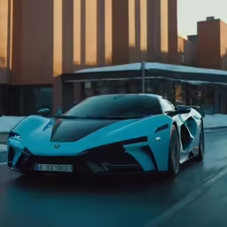 a blue sports car on the street