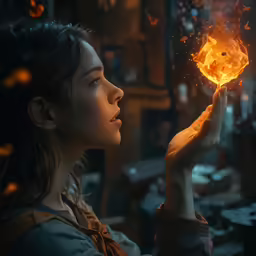 a woman holds up a small fire ball