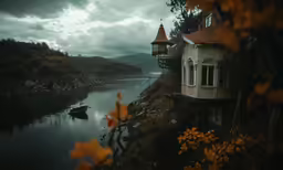 a house with a view of some water and trees