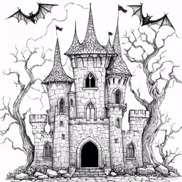 an ink drawing of a castle with bats flying above