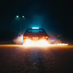 a car with its headlights on running down the road in front of traffic lights