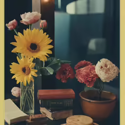 yellow flowers are in a vase on a table
