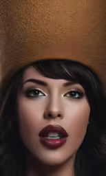 an asian woman in gold wearing lipstick and a gold hat