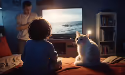 a woman and child watching tv with their cat