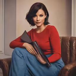 a woman with a binder on her knee, sitting on a chair