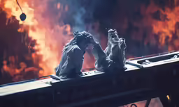 two small children sit on a ledge as fire burns