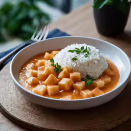 a plate with food, rice and a fork