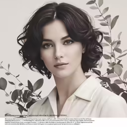 a woman wearing a white shirt in front of leaves