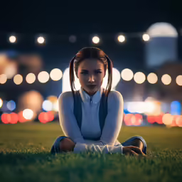 a woman sitting in the grass with lights around her