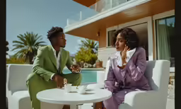 two people sitting down talking while one holds a phone to his ear