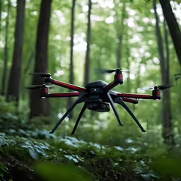 the drone is flying through a dense, green forest