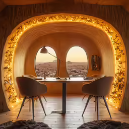 two chairs sitting in front of a table and window