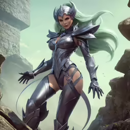 a female fantasy character in armor in the mountains
