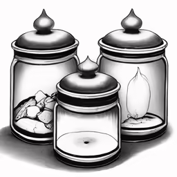 jars containing garlic next to other items on a table