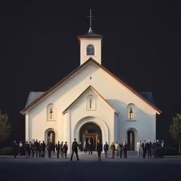 a church with several people inside it during the evening