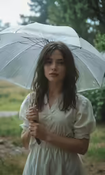 young girl holding open umbrella outdoors in rain