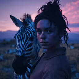 a girl in grey is next to a zebra at sunset