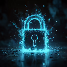 a glowing lock with water splashes on the floor