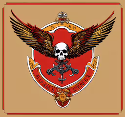 an old school style emblem featuring an eagle, sword and cross,a skull and wings is in the center of a cross
