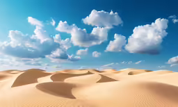 blue and white clouds above large, wavy sand dunes