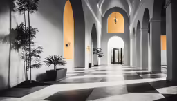 an empty hallway with a palm tree in the center