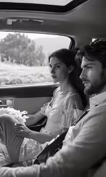 a man and woman are in the back of a car
