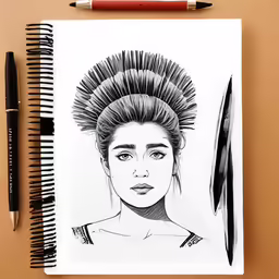 a notebook with a pen and some drawing on it