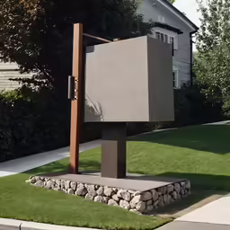 the concrete block sculpture in front of a house