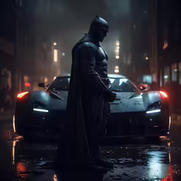 a man dressed as batman standing in front of a sports car in the rain