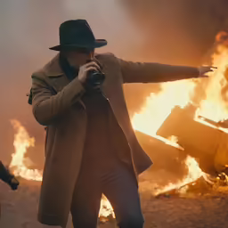 man in hat pointing and pointing out his arms while on fire