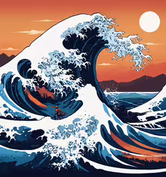 a wave with people on it,the great wave as seen from an illustration by a person