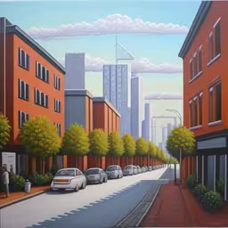a painting of a city street with cars on the road