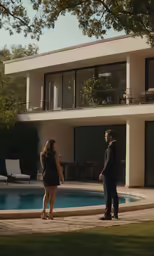 two people standing outside of a house next to the pool