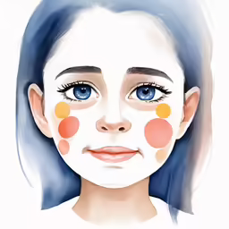 a girl with blue hair and orange circles on her face