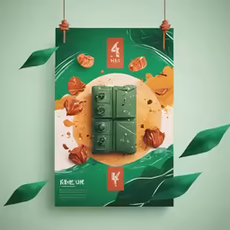 a piece of green poster with four small fridges on it