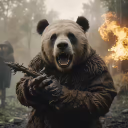 a bear in an animal suit is holding a stick and looking at the camera