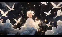 a blonde woman with a white wig and a lot of white birds