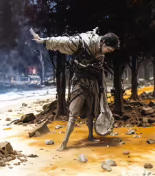 man with arm outstretched and backpack in outdoor setting