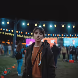 young person standing in the grass with headphones in hand