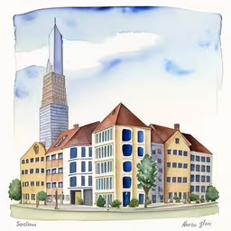 two different building are shown in this drawing,a painting of several tall buildings on the sidewalk,watercolor painting of an apartment building with a city in the background,a watercolor sketch of buildings and the chrysler tower,an illustration of buildings in a town square