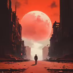 a person walking on a road near tall buildings