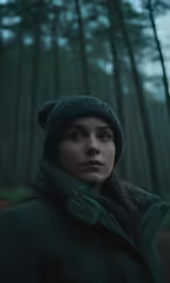 a girl standing in the middle of a forest in winter