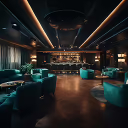 a large blue lounge area with multiple couches and chairs