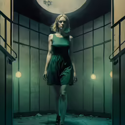 a young woman is walking through a tunnel with a clock hanging above her head