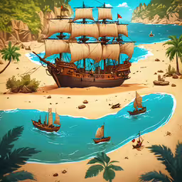 there is an animated pirate ship sailing in the water,some old sailing ships sailing near some water