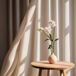 a vase with white flowers sitting on a round wooden table
