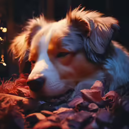 a dog that is laying down by some leaves
