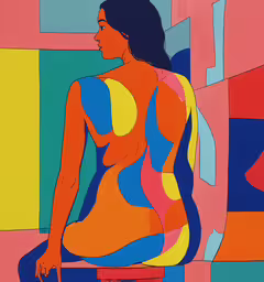 a woman that is standing in front of some colored squares,a painting of a woman sitting on top of a bench